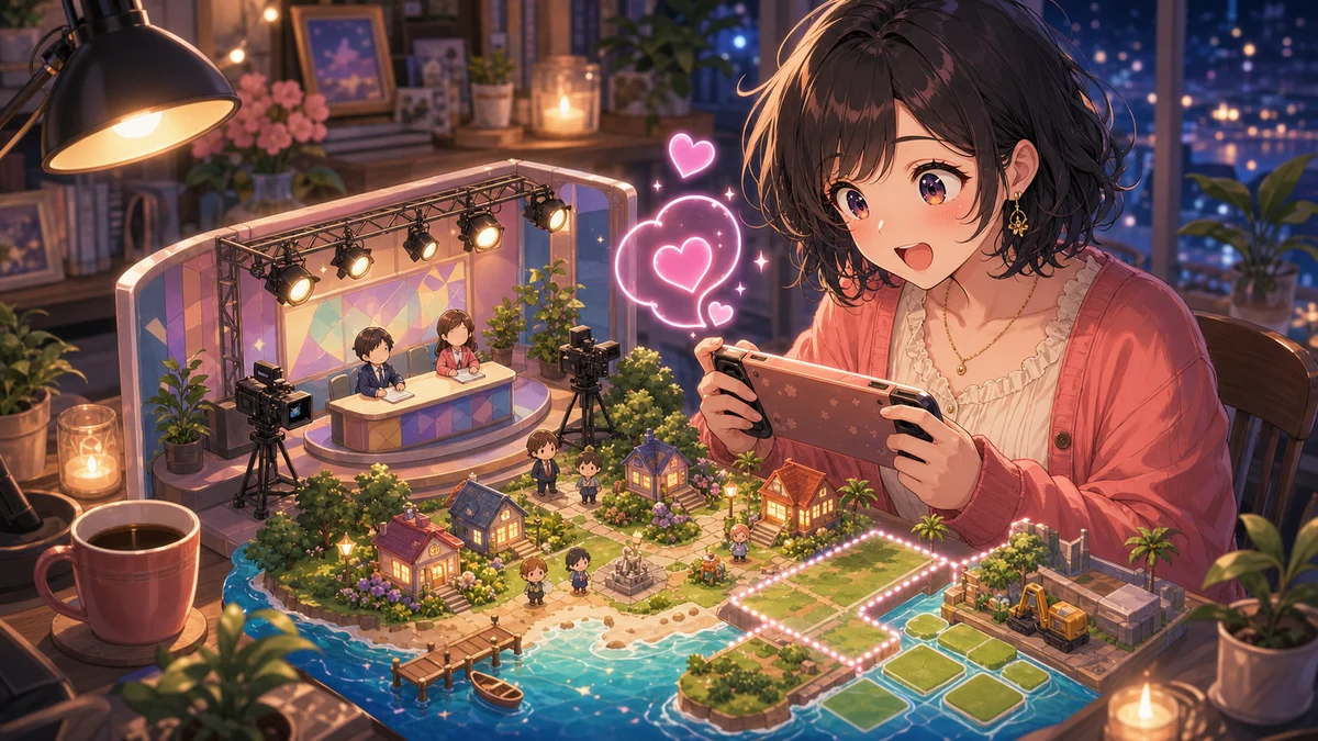 放送ブースとハートの相談アイコンを前に驚く女性キャラクターの場面