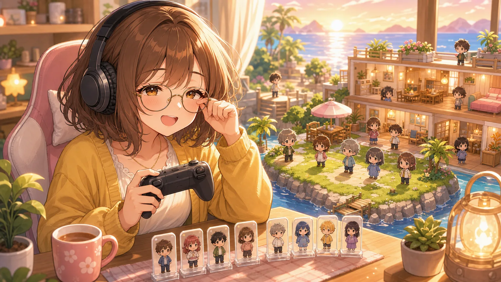 眠気まじりの配信机で小さな島と住民カードを見守るオリジナルキャラクターのイメージ