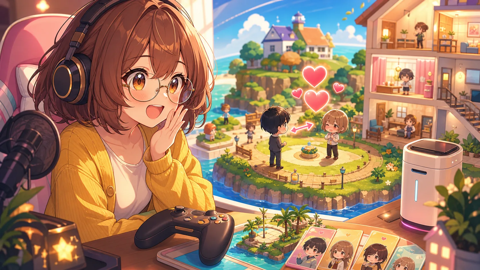 小さな島の広場で恋の矢印に驚くオリジナルキャラクターのイメージ