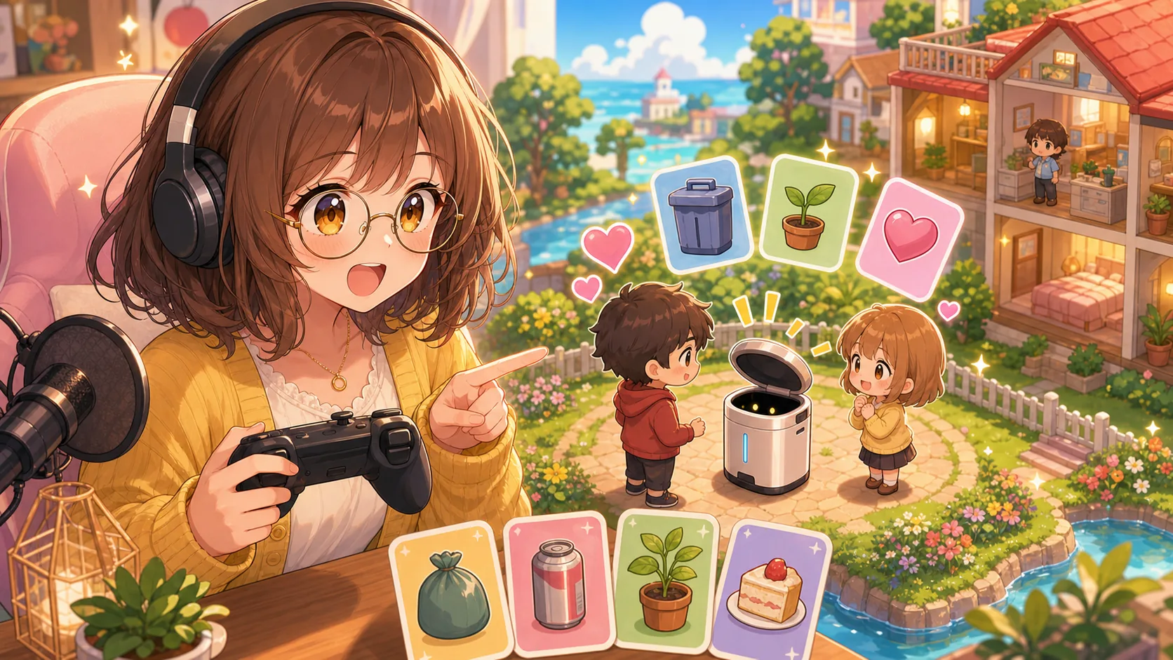 生活感のある配信部屋で自動で開くゴミ箱と友達相談を見守るオリジナルキャラクターのイメージ