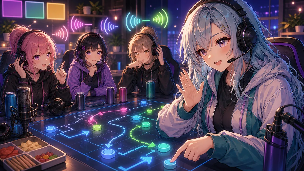 VC量のメモと防衛ローテーションを見比べるオリジナル女性キャラクターのイメージ