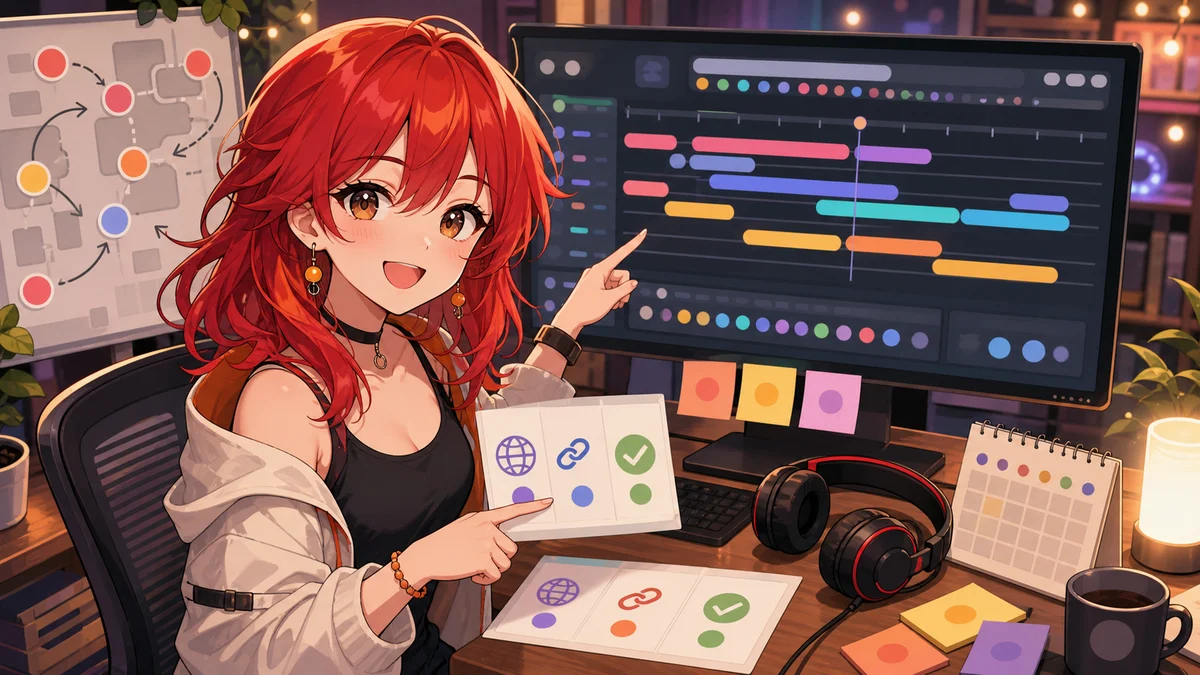 抽象タイムラインと資料カードを見比べる赤髪のオリジナル女性キャラクターのイメージ