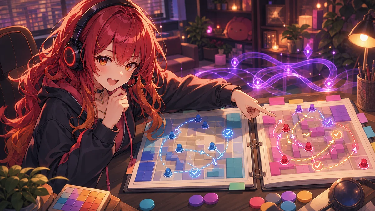 前日と当日の戦術ボードを並べて課題のつながりを整理するオリジナル女性キャラクターのイメージ