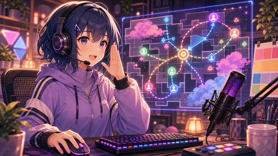 試合中の短いコールと集中の戻りを描いたオリジナル女性キャラクターのサムネイル風イラスト