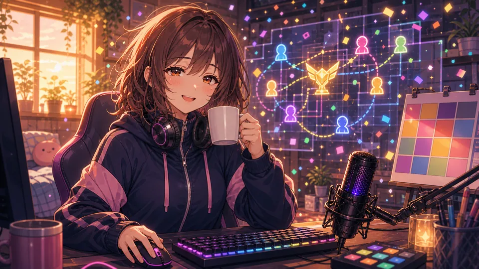 9時間の締めと翌日スクリムへの接続を表すオリジナル女性キャラクターのサムネイル風イラスト