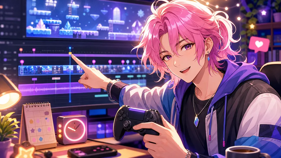 配信アーカイブのタイムラインを指しながらコントローラーを持つ男性キャラクター