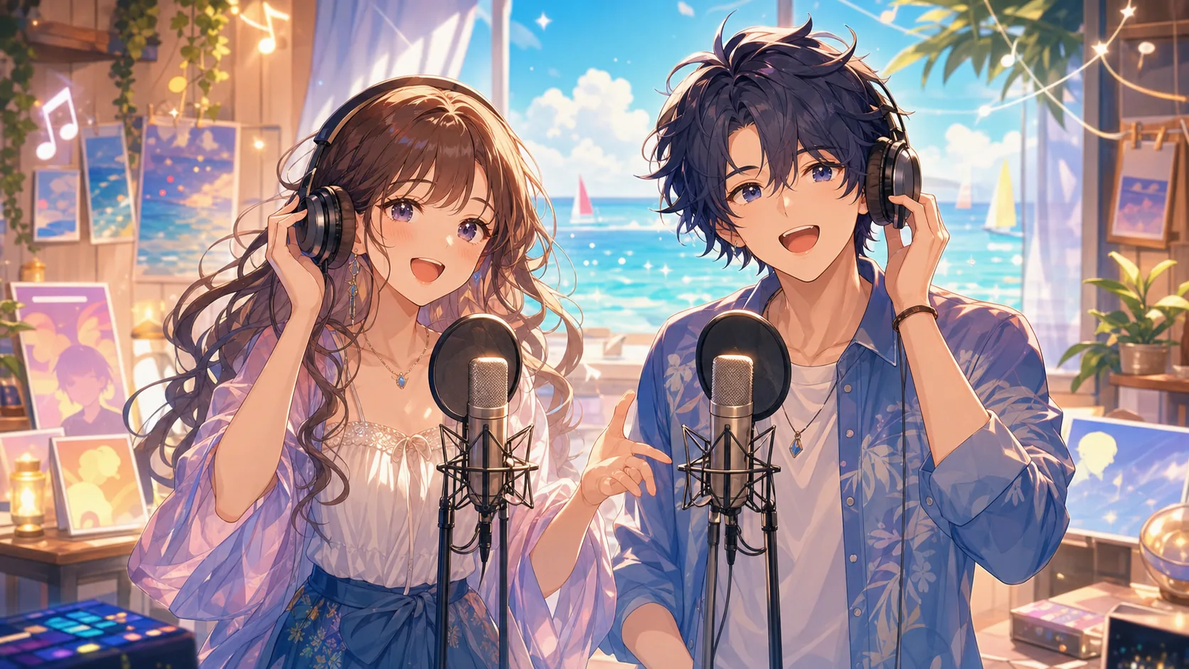 二人でマイクを持ち夏の曲を歌うコラボのイメージ