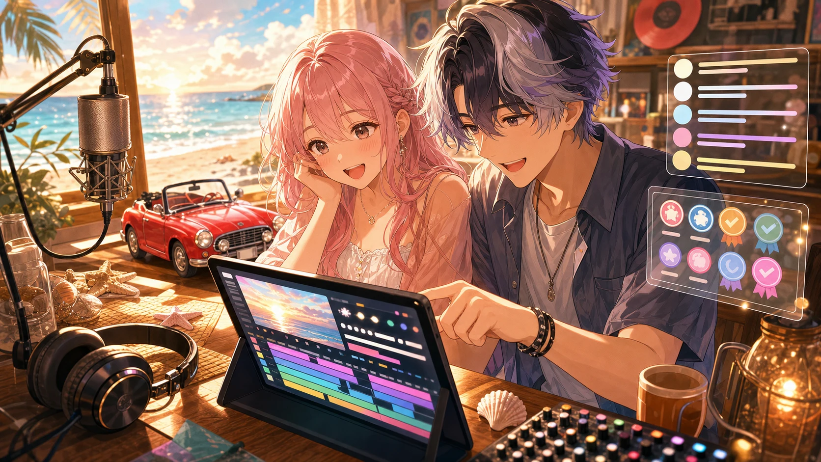 海辺の制作机で二人が動画のタイムラインを確認するイメージ