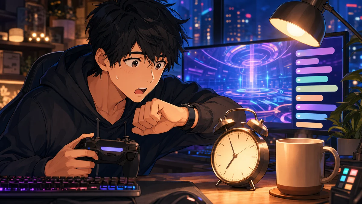 夜の配信部屋で黒髪の男性キャラクターが時計とゲームパッドを見ながら配信を始めるイメージ