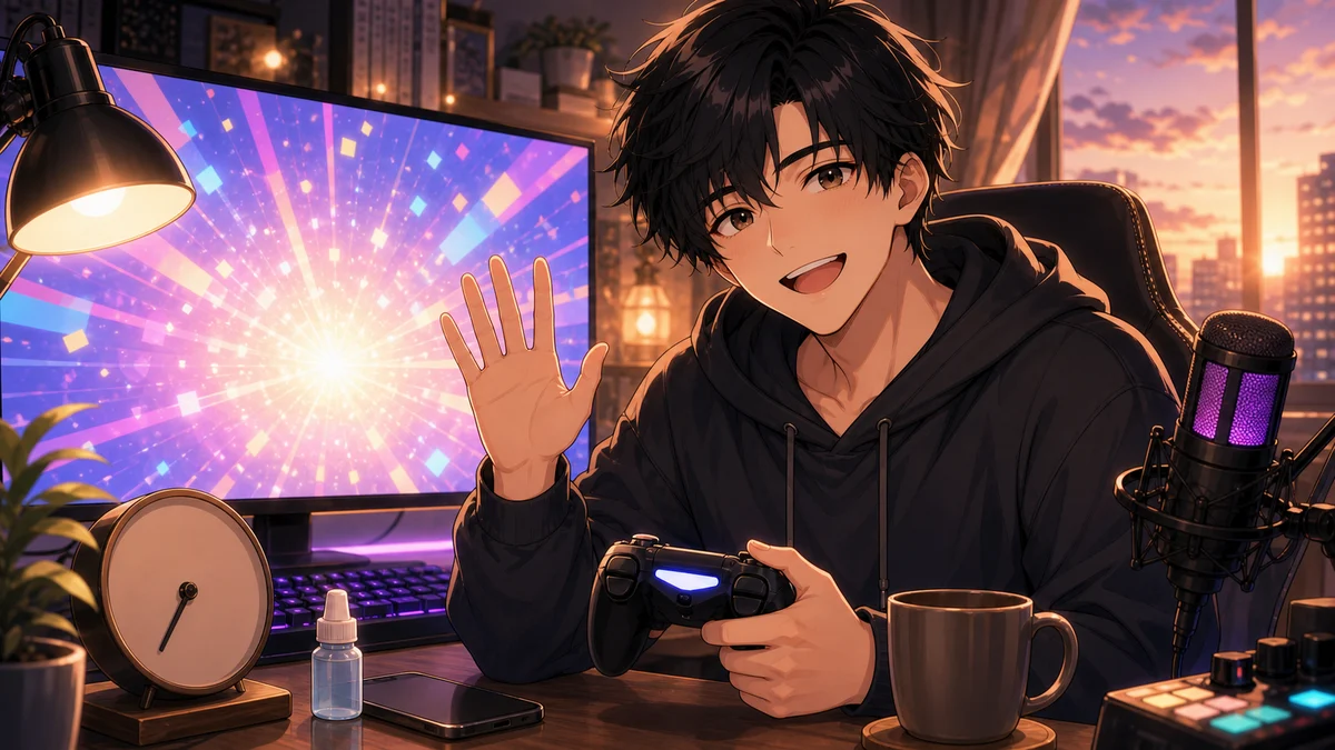 夜明け前の配信机で黒髪の男性キャラクターが目薬、スマホ、時計を前にコメントへ手を振るイメージ