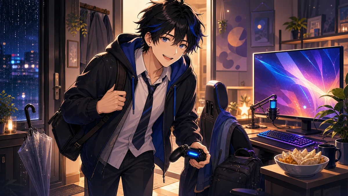 仕事終わりの配信部屋でゲームを始める男性キャラクターのイメージ