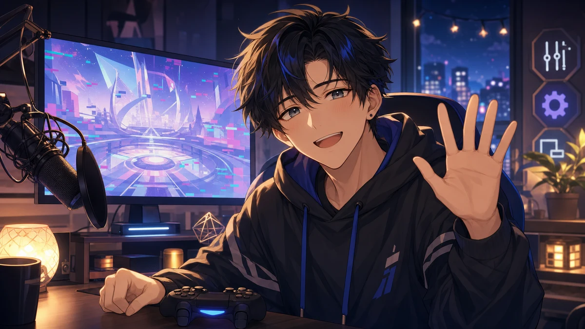 深夜のゲーム部屋で再起動したモニターと温かい照明の中で手を振る男性キャラクターのイメージ