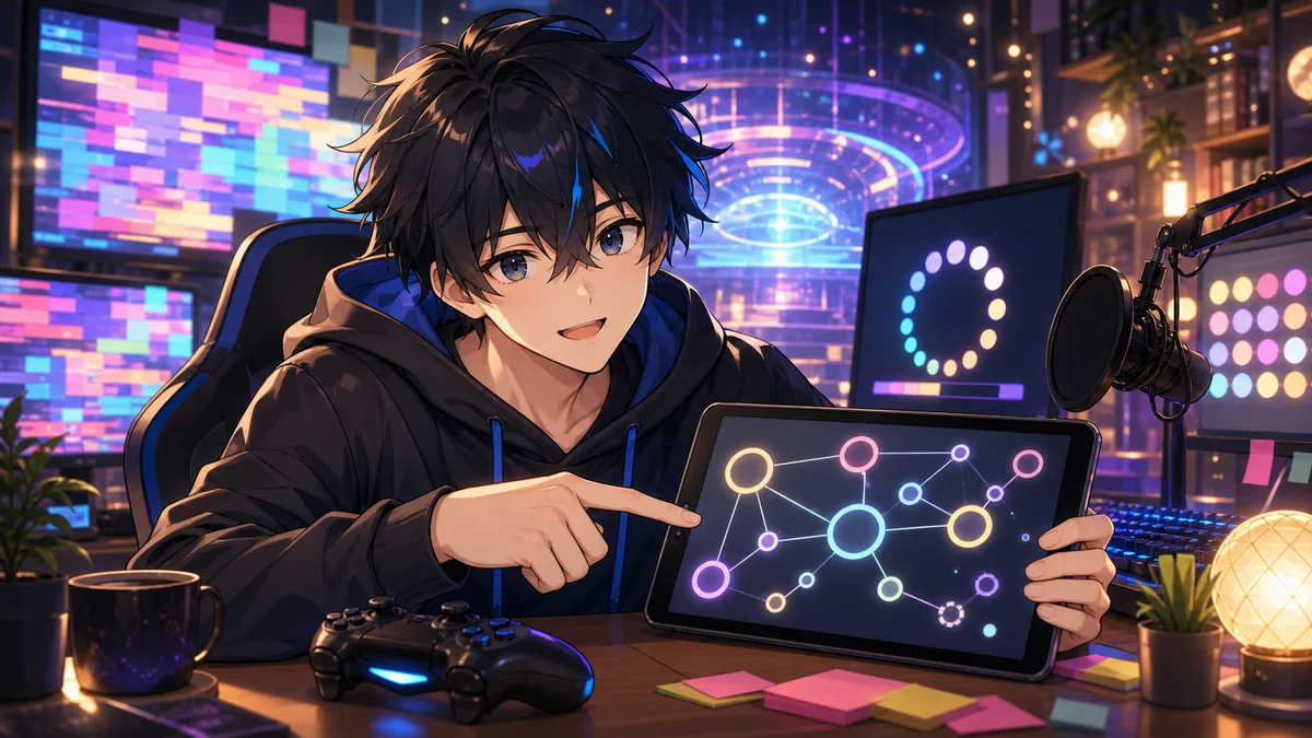 深夜の配信デスクで抽象的なグリッチ画面と円形の整理図を見比べる男性キャラクターのイメージ