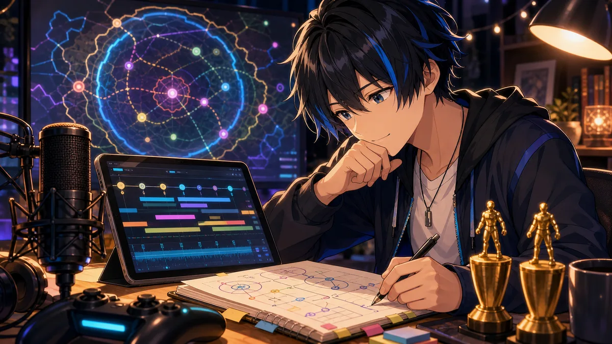 配信アーカイブのタイムラインとゲーム用メモを机で見比べる人物