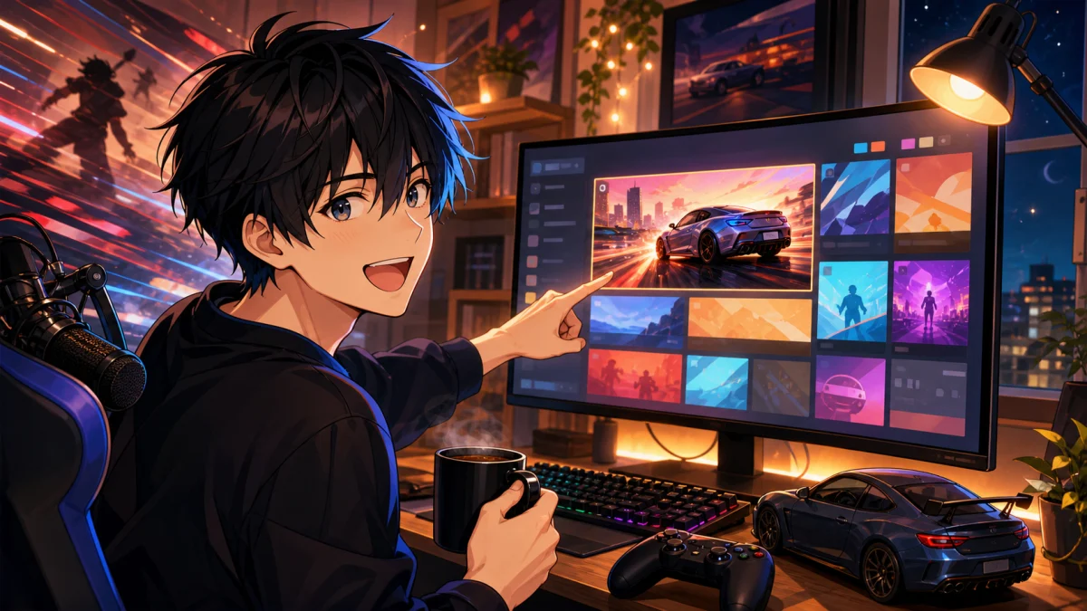 ゲーム候補と車の話題が並ぶ深夜配信のイメージ