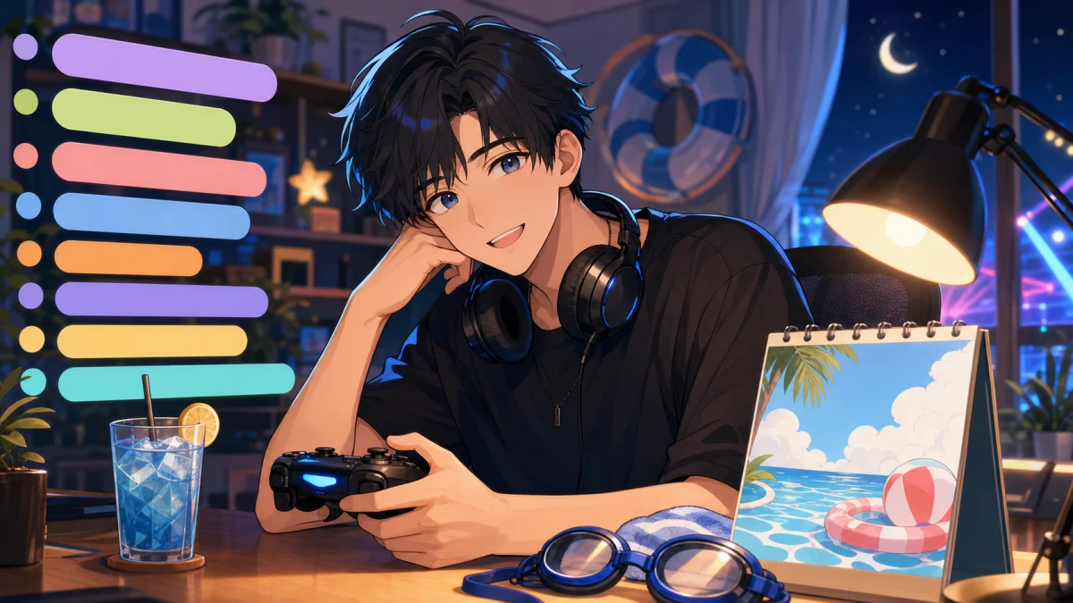 配信部屋のデスクにゲームパッド、飲み物、夏の予定表風の小物が並ぶ中で黒髪の男性キャラクターがコメント欄へ笑顔で返しているイメージ