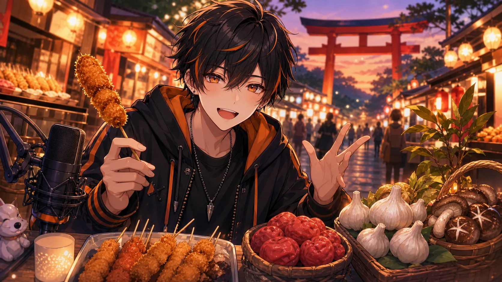 おちょぼ稲荷の食べ歩きと思い出を話すオリジナル男性キャラクターのイメージ