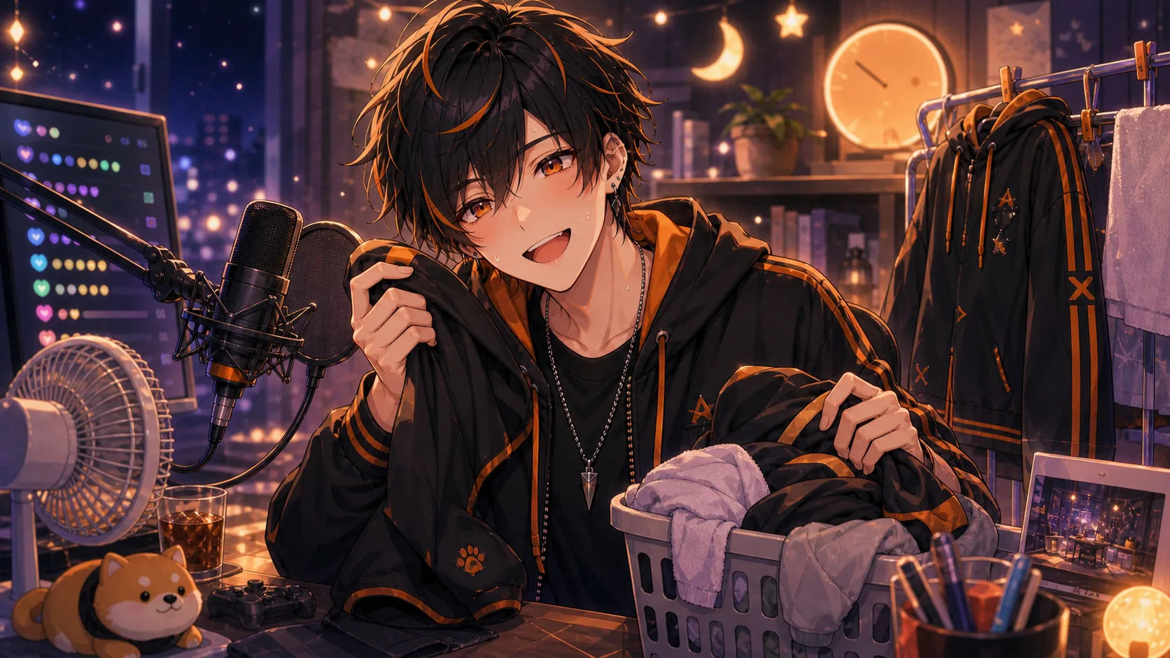 暑さと洗濯と次の作業枠を相談するオリジナル男性キャラクターのイメージ