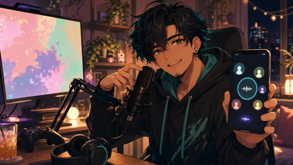 夜の配信机からスマホの音声チャットへ移る雰囲気を描いたオリジナル男性キャラクターのイメージ
