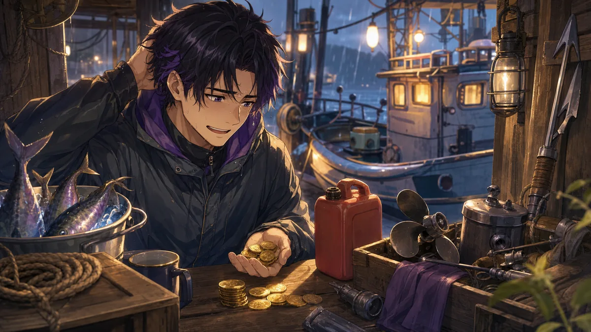 港の作業台で魚の入ったバケツと燃料缶と船の強化メモを並べるオリジナル男性キャラクターのイメージ