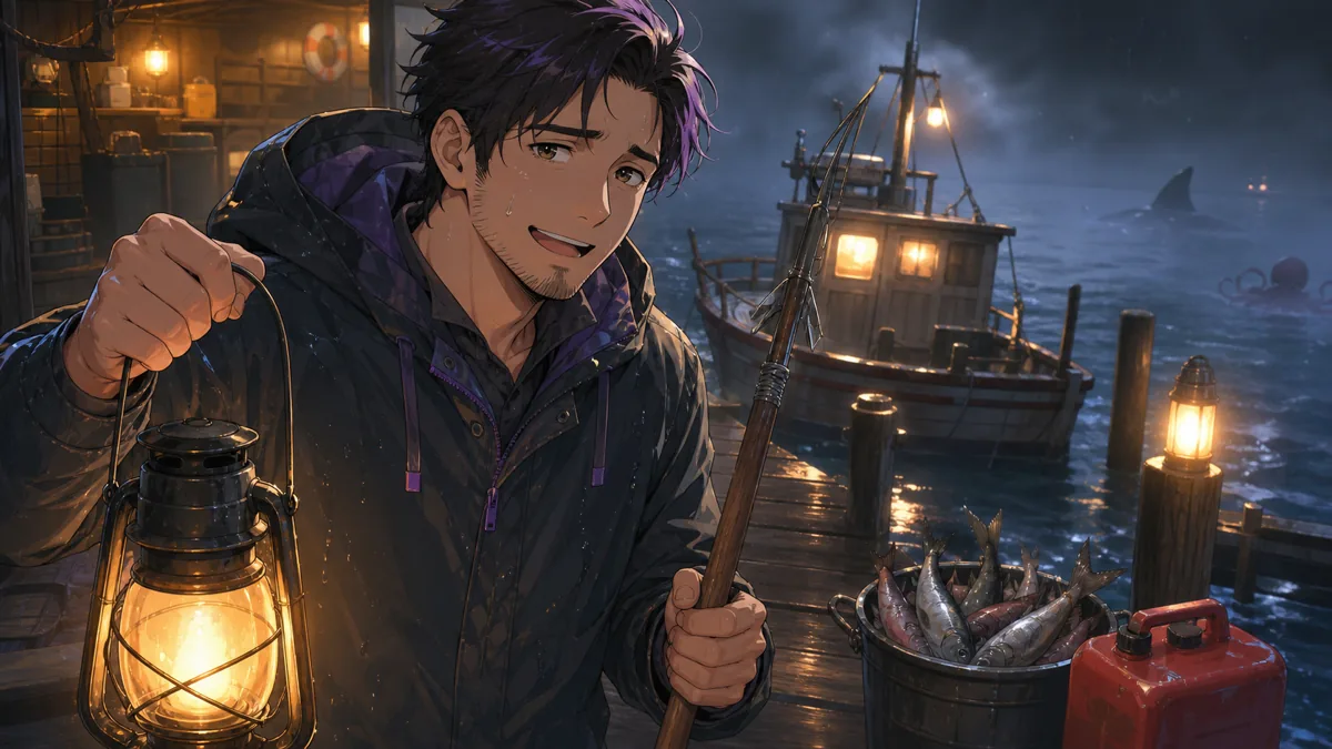 霧の桟橋で小さなタコの影とサメの気配を横目にセーブ地点へ戻るオリジナル男性キャラクターのイメージ