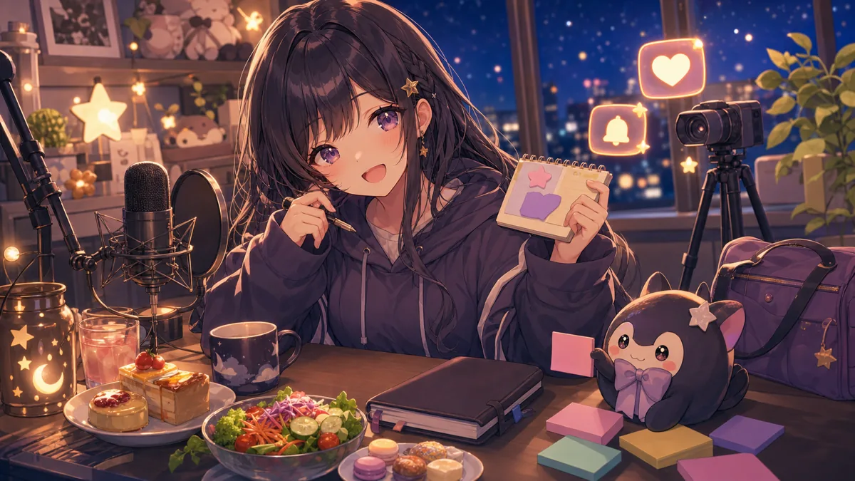 カレンダーと配信マイク、ビュッフェ皿を囲むオリジナルキャラクターのイメージ