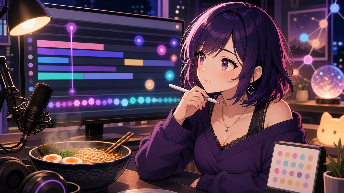 深夜の配信デスクでタイムライン画面とラーメンを前に整理する紫髪の女性キャラクターのイメージ