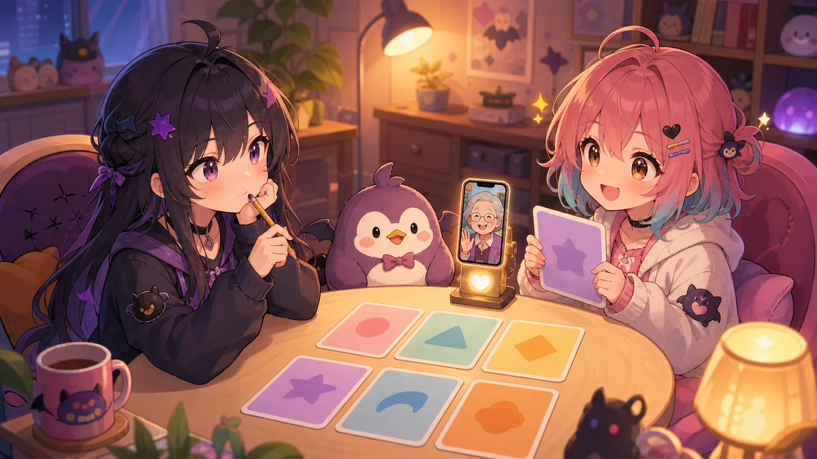 母の回答を読むクイズ企画の机を囲むオリジナルキャラクターのイメージ