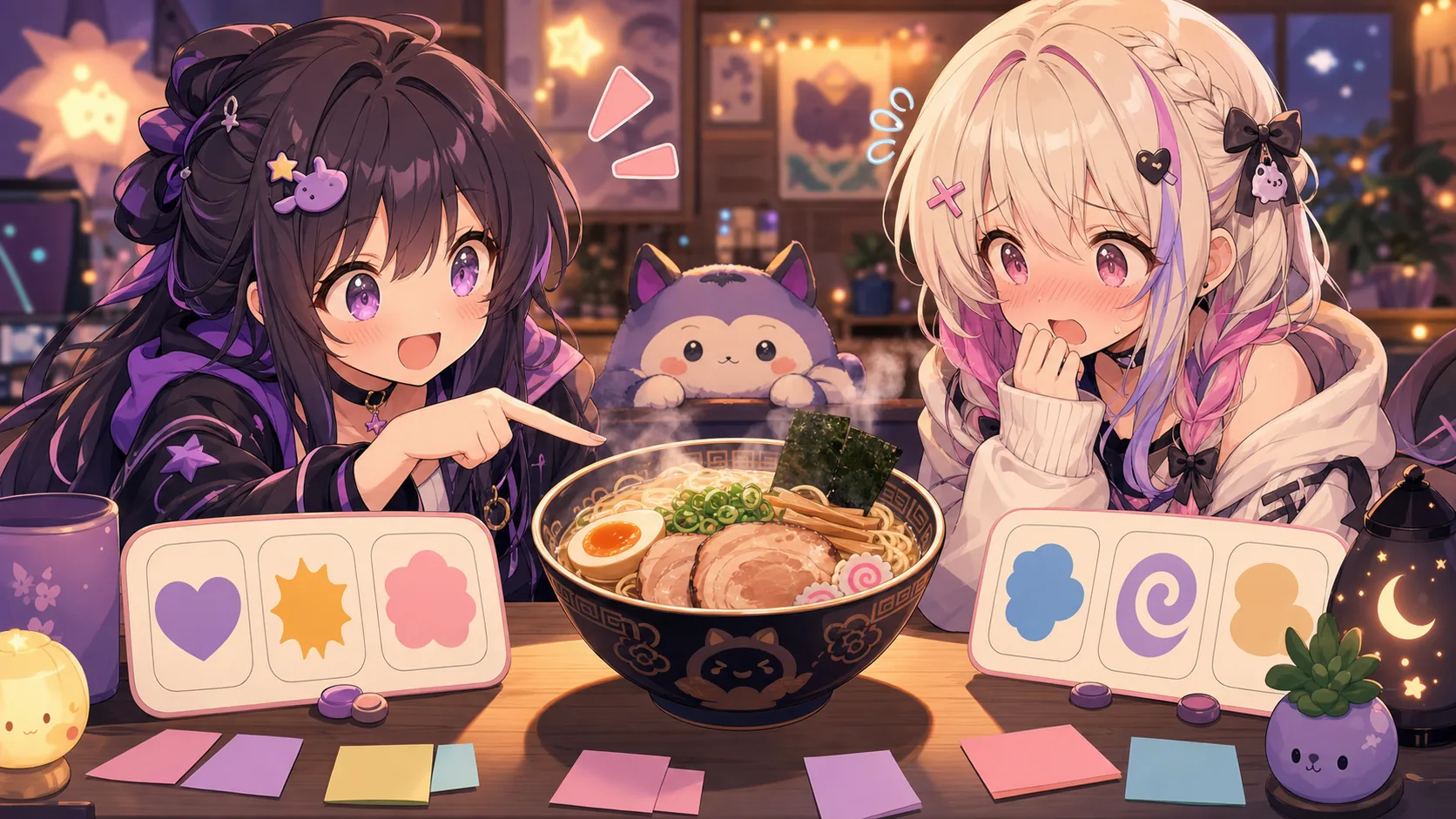 ラーメンとクイズ札を前に答え合わせをするオリジナルキャラクターのイメージ