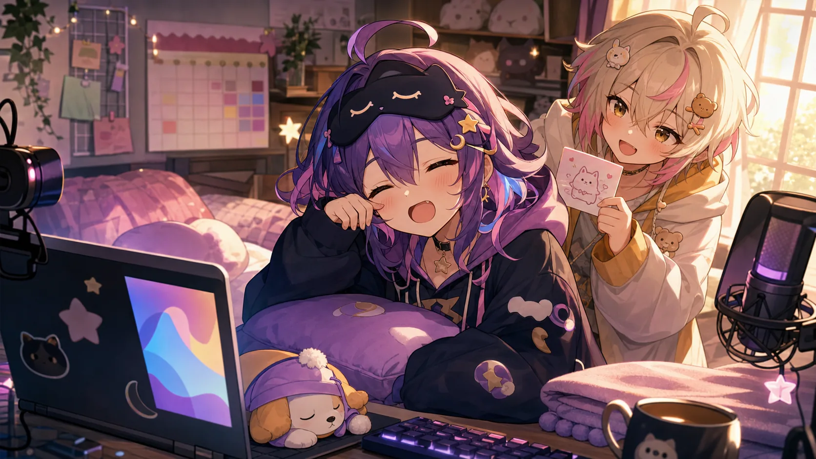 実家の部屋でパソコンと休日メモを見比べるオリジナルキャラクターのイメージ