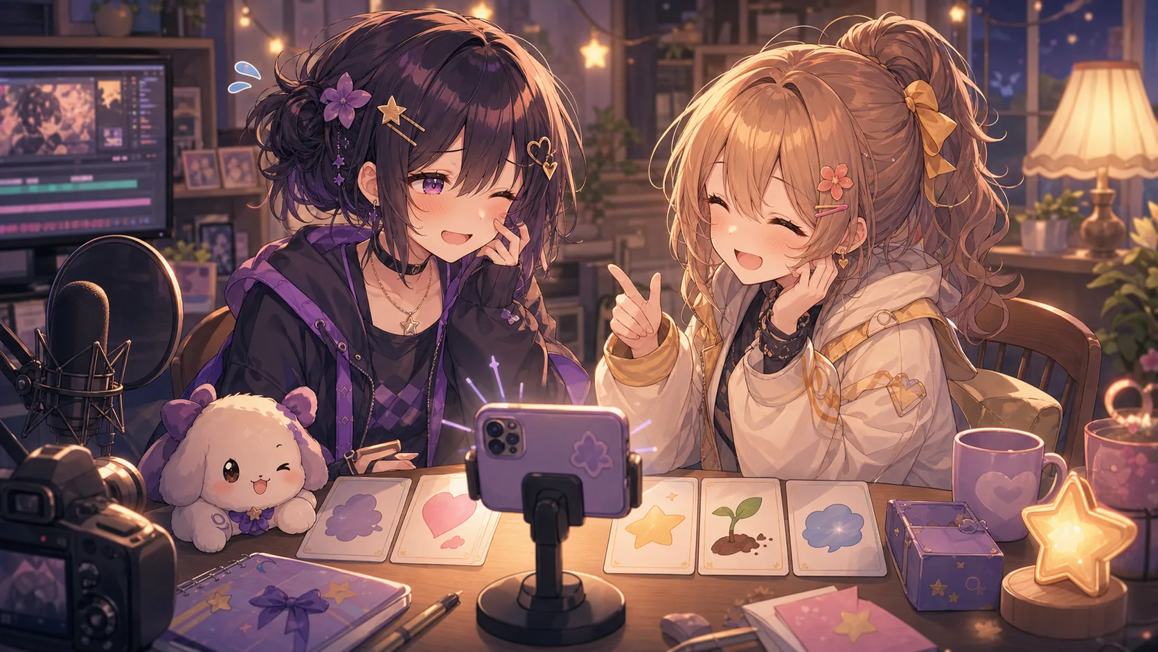 電話での撮り直しメモと配信後の机を囲むオリジナルキャラクターのイメージ
