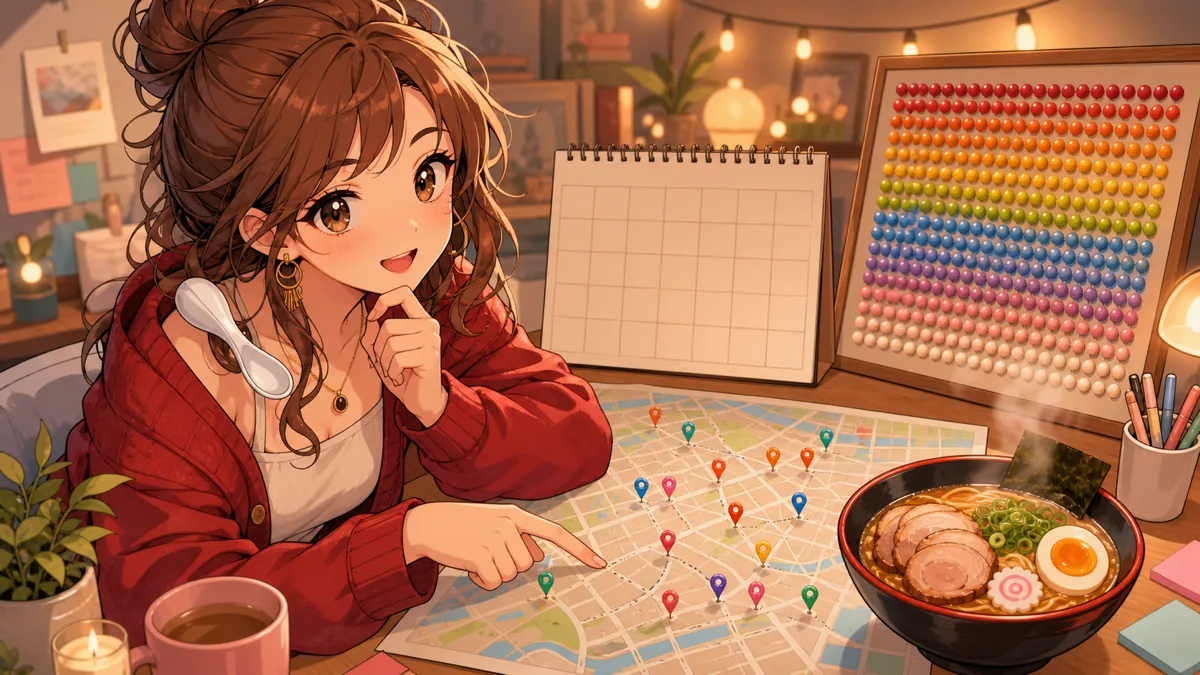 店舗地図と3000杯達成メーターを確認するオリジナル女性キャラクターのイメージ