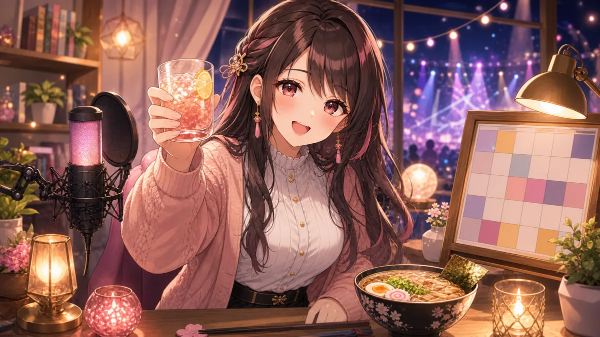 日曜夜の配信部屋で乾杯するオリジナル女性キャラクターのイメージ
