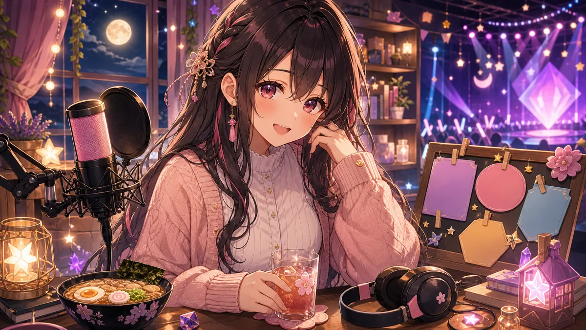 深夜の配信デスクで次の予定を確認するオリジナル女性キャラクターのイメージ