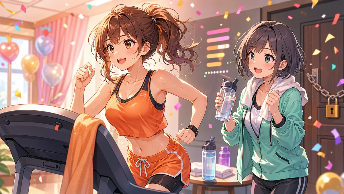 ランニングマシンで走る人物と水を持って応援する人物がいる記念部屋のイメージ