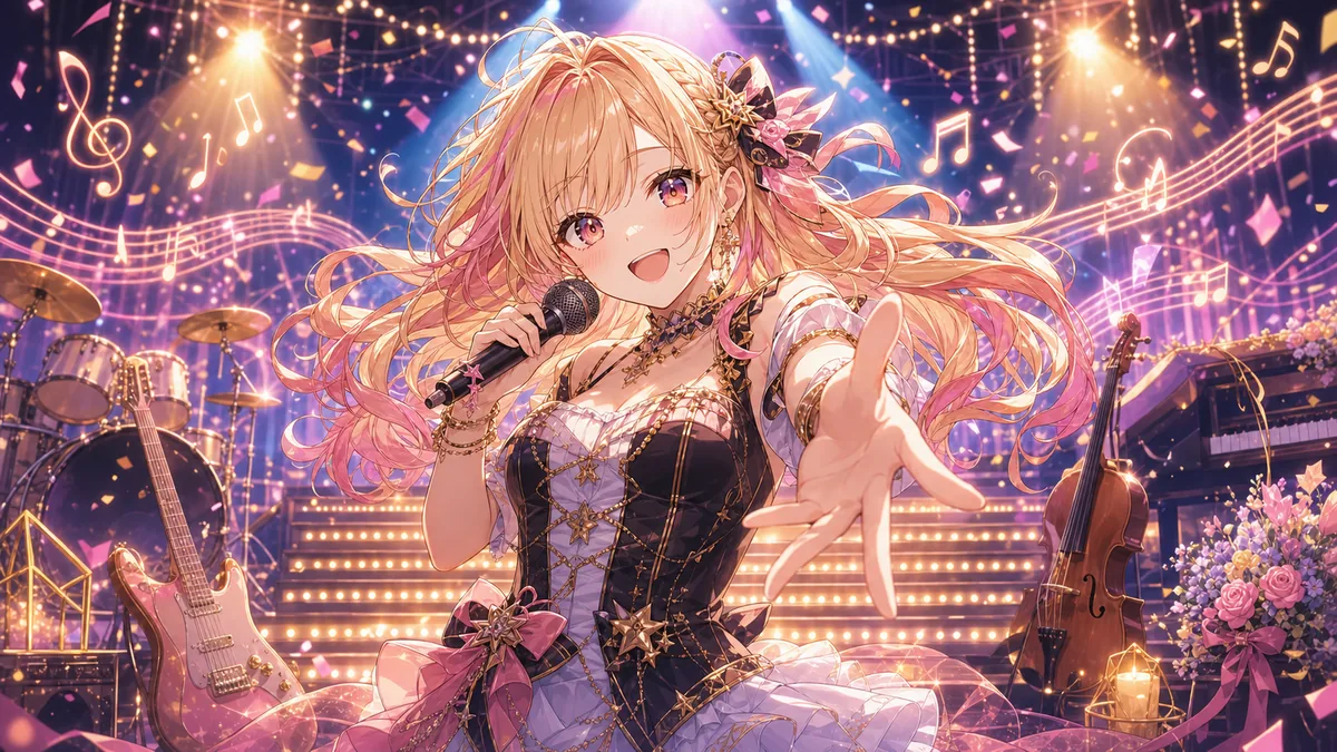セットリストの振れ幅をステージ楽器と光で表すオリジナル女性キャラクターのイメージ