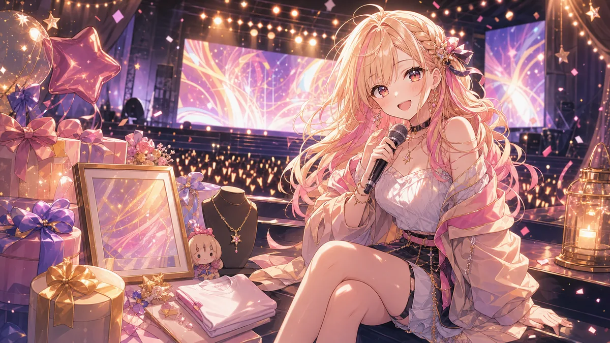 誕生日グッズと余韻の残るステージでくつろぐオリジナル女性キャラクターのイメージ