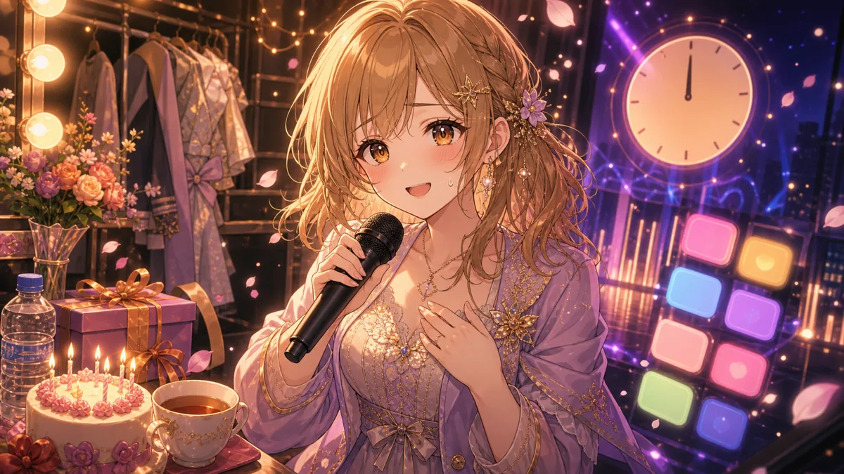 誕生日ケーキと音楽プレイヤーの光を背景にマイクを持つオリジナル女性キャラクター