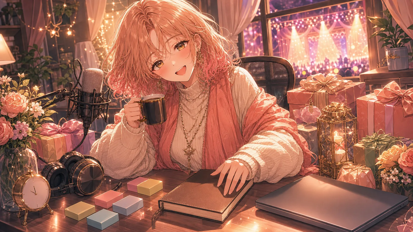 ライブ翌日の配信机でステージ写真とスケジュールメモを整理するオリジナル女性キャラクターのイメージ