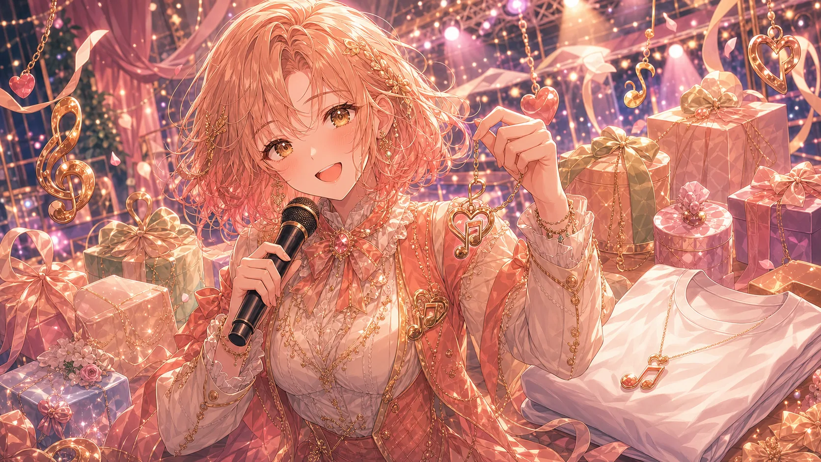 新曲の配信リンクを確認しながらプレゼント箱とグッズ小物を並べるオリジナル女性キャラクターのイメージ