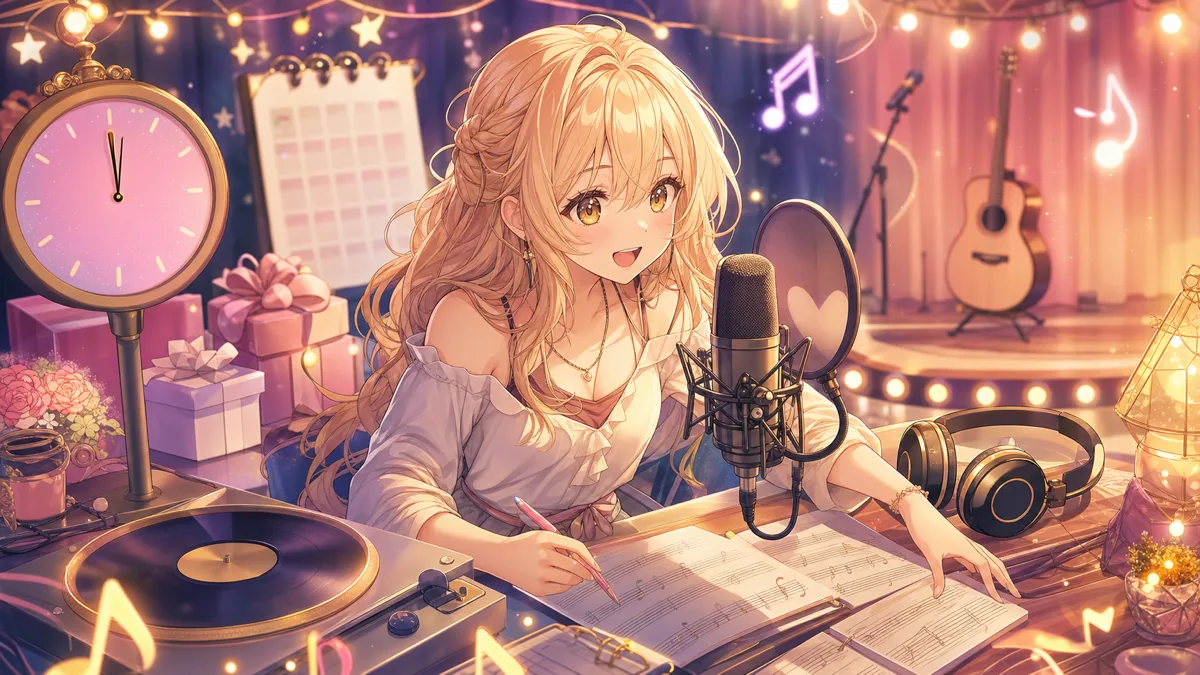 深夜リリースの音楽告知をイメージした配信机と小さなステージで楽譜を整えるオリジナル女性キャラクターのイメージ