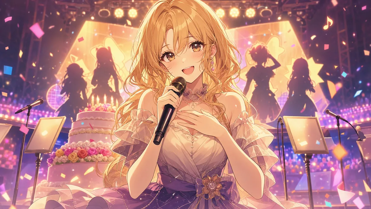 生誕3Dライブのステージで全編生ライブに挑むオリジナル女性キャラクターのイメージ
