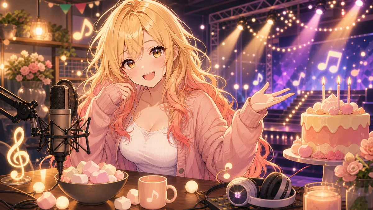 配信机とステージを背景にマイクや音楽小物を囲む金髪のオリジナル女性キャラクターのイメージ