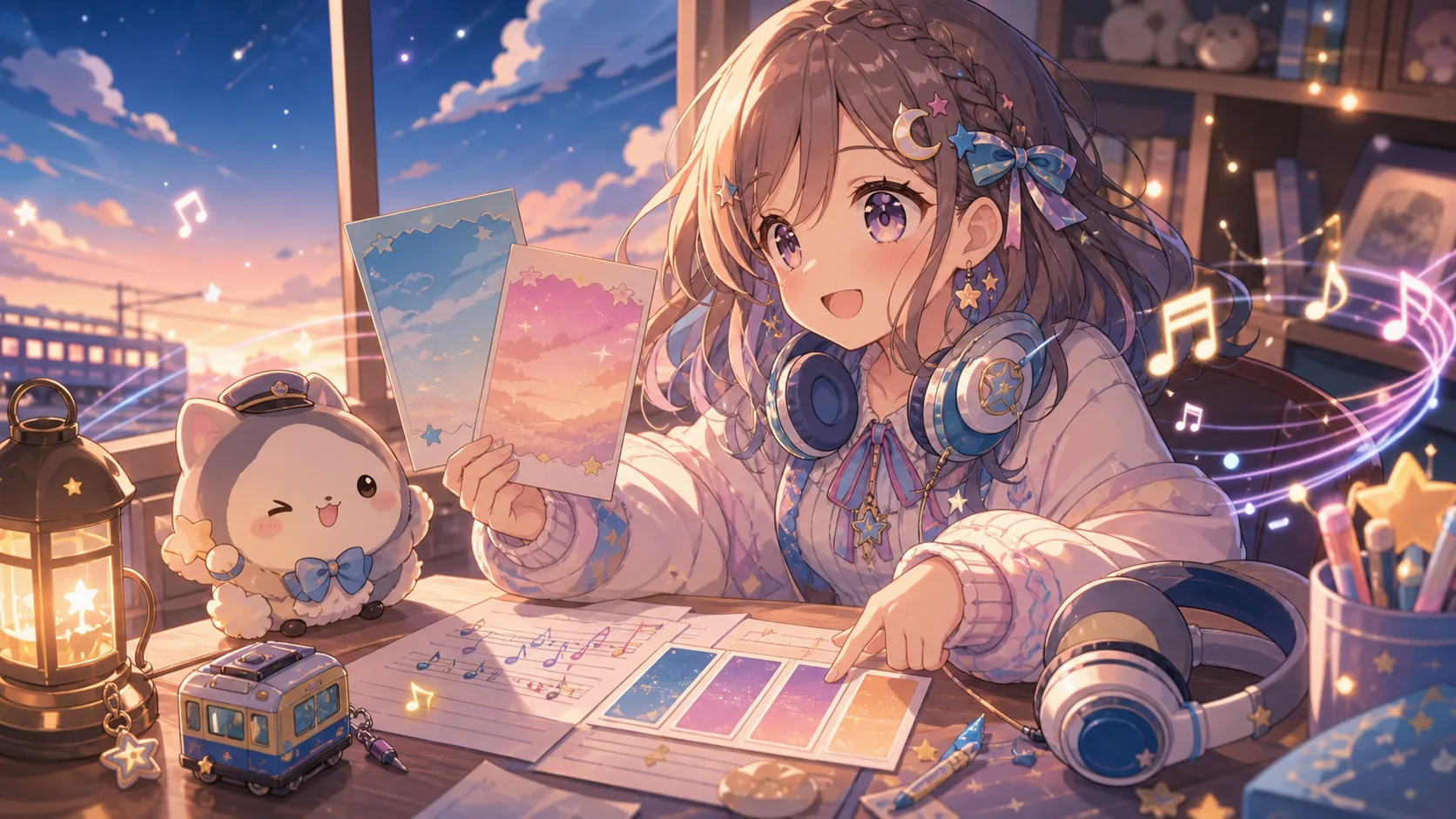 配信後の机でヘッドホンと空色のチケットを並べ、次の選曲を楽しみにするオリジナルキャラクターのイメージ