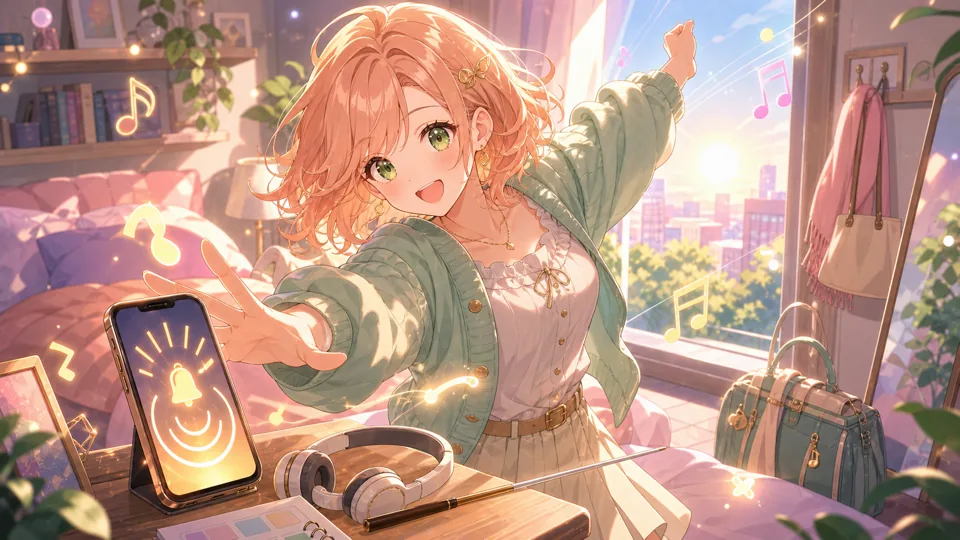 スマホのアラームと朝の支度を音楽の合図に変えるオリジナル女性キャラクターのイメージ