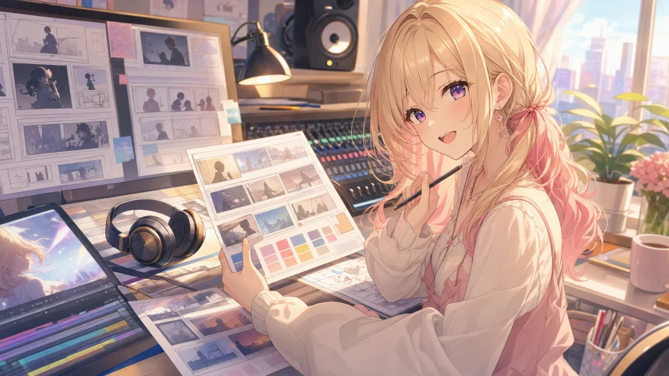 短尺MVの絵コンテや振付メモを囲んで制作の密度を表すオリジナル女性キャラクターのイメージ