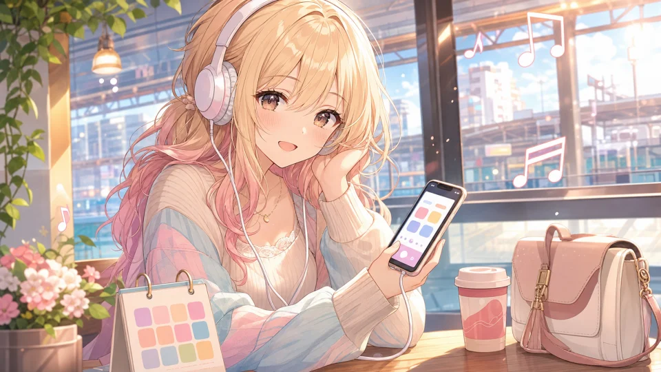 配信サービスのアイコン風小物とイヤホンで曲を聴き返すオリジナル女性キャラクターのイメージ