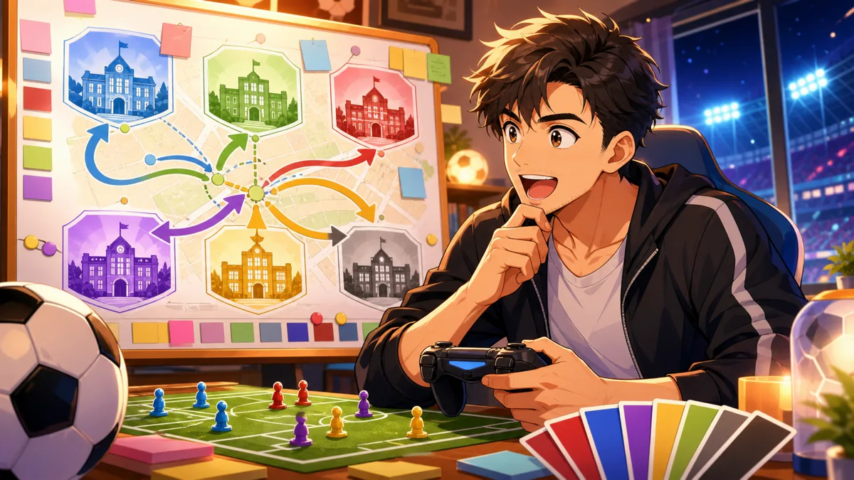 東邦学園ルートの始まりをイメージしたサッカー育成ゲーム配信の明るいイラスト
