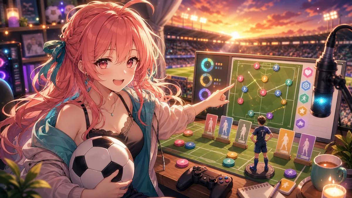 サッカー育成配信の流れを配信机と作戦ボードで整理する女性キャラクターのイメージ