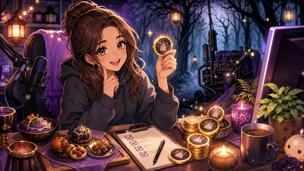 霧の森の配信画面を見ながら食材皿とコインを確認する女性キャラクターのイメージ